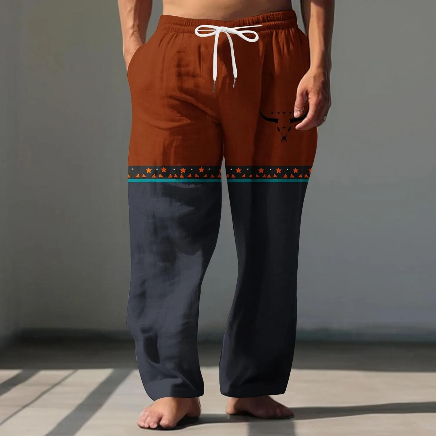 Muscularfit Linen Pant for Men Summer Casual Drawstring Elastic Waist Baggy Trouser with Pockets Ethnic Print Beach Sweatpant
