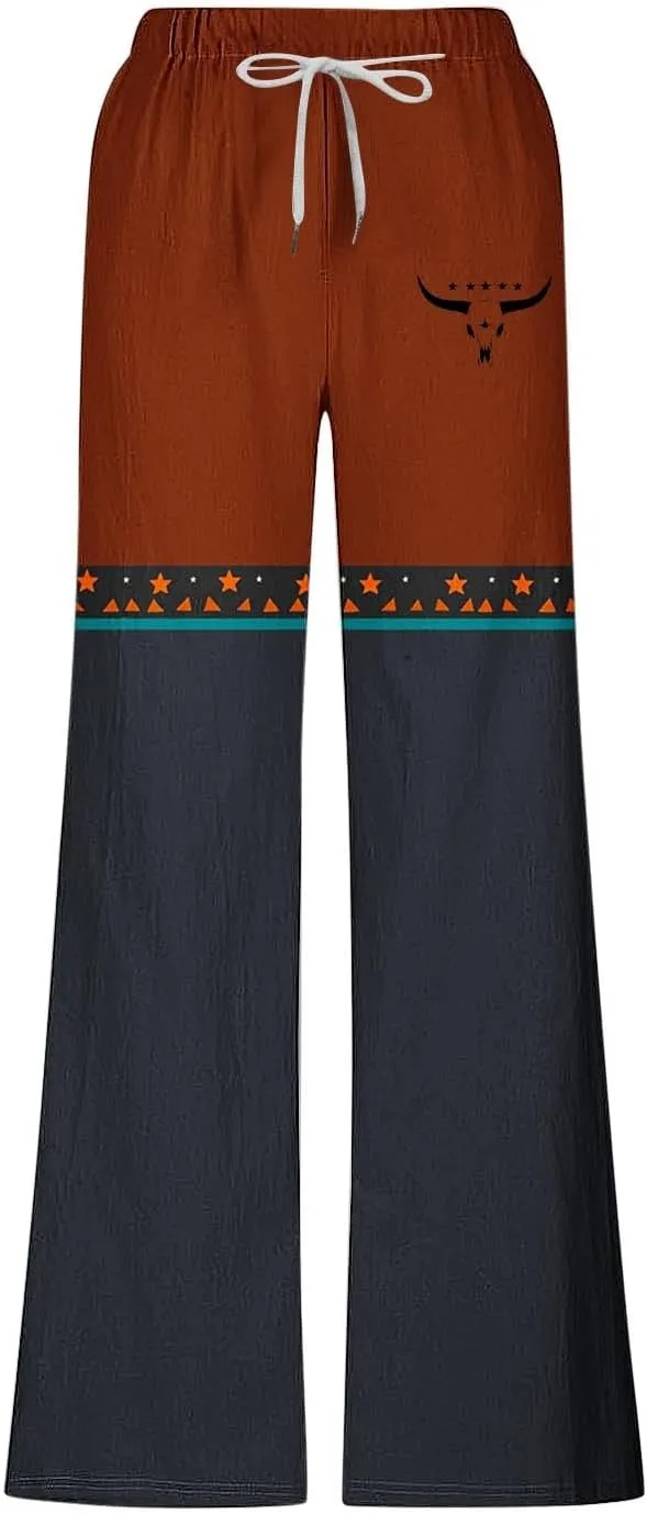 Muscularfit Linen Pant for Men Summer Casual Drawstring Elastic Waist Baggy Trouser with Pockets Ethnic Print Beach Sweatpant
