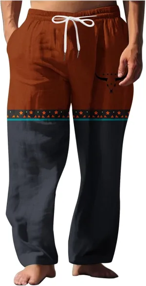 Muscularfit Linen Pant for Men Summer Casual Drawstring Elastic Waist Baggy Trouser with Pockets Ethnic Print Beach Sweatpant