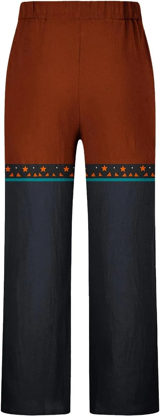 Muscularfit Linen Pant for Men Summer Casual Drawstring Elastic Waist Baggy Trouser with Pockets Ethnic Print Beach Sweatpant