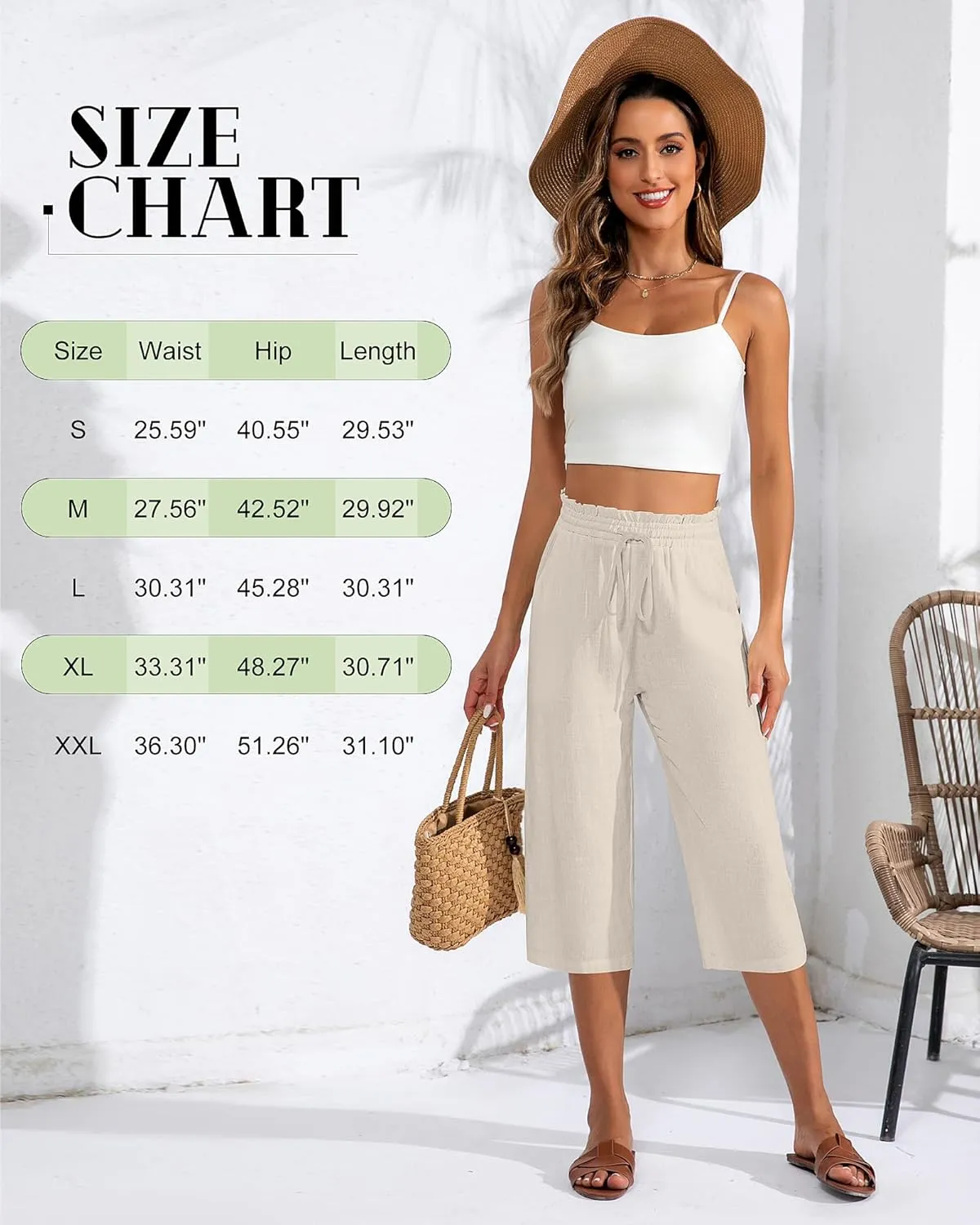 Neer 2 Pcs Women's Linen Wide Leg Capri Pants Beach High Waisted Drawstring Casual Loose Capris Pants with Pockets