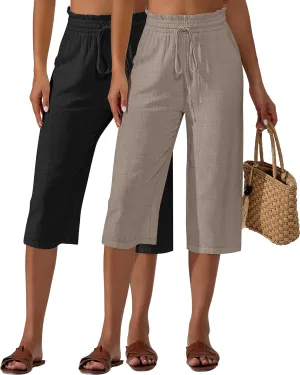 Neer 2 Pcs Women's Linen Wide Leg Capri Pants Beach High Waisted Drawstring Casual Loose Capris Pants with Pockets