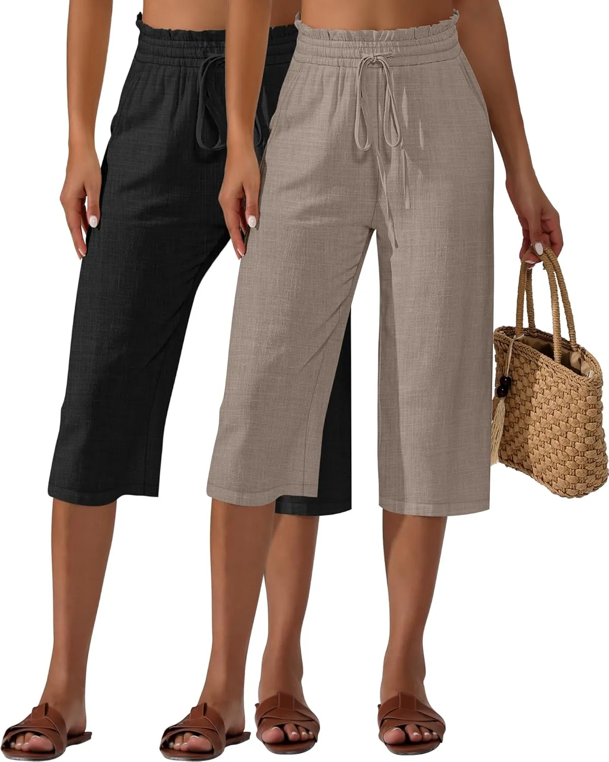 Neer 2 Pcs Women's Linen Wide Leg Capri Pants Beach High Waisted Drawstring Casual Loose Capris Pants with Pockets