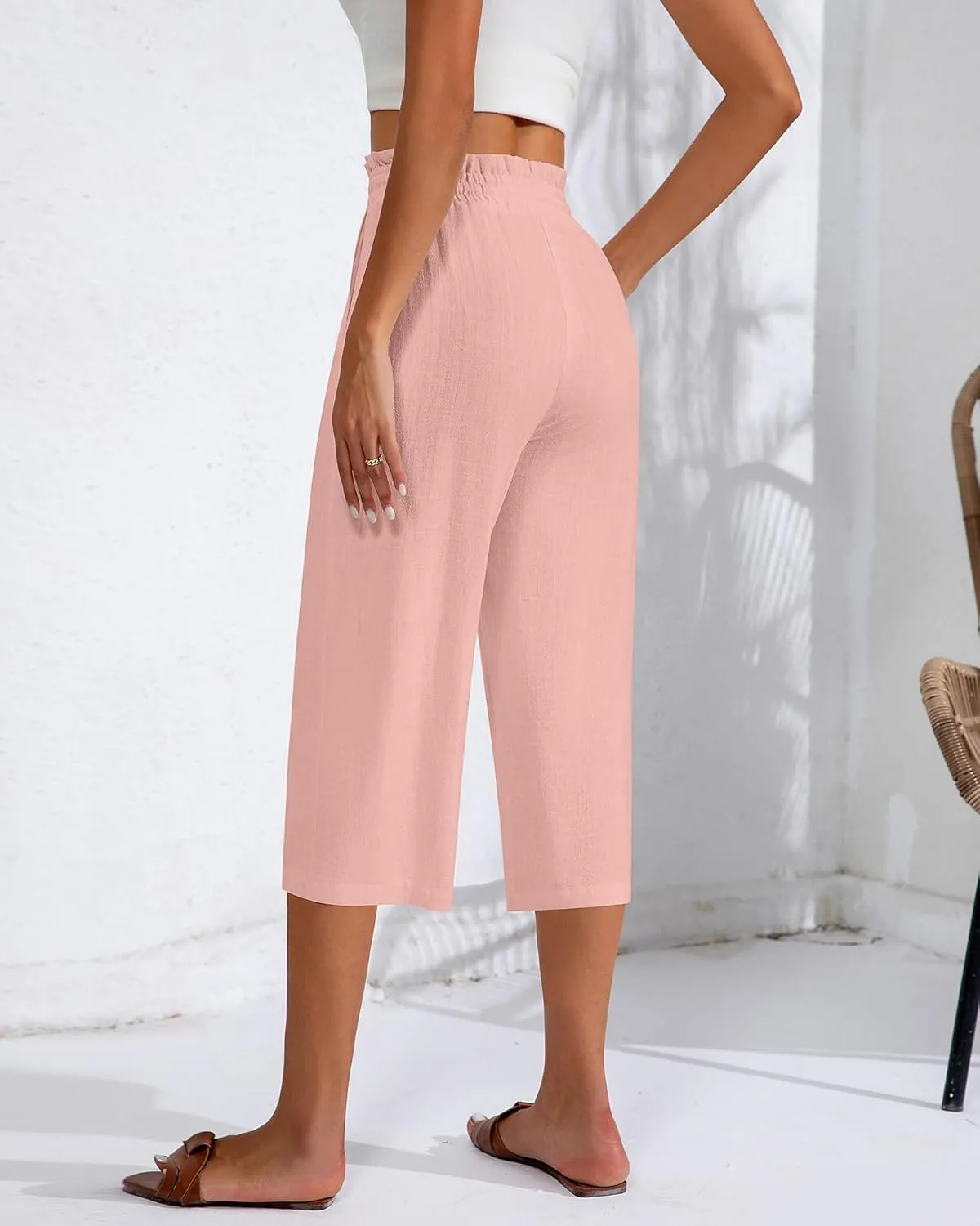 Neer 2 Pcs Women's Linen Wide Leg Capri Pants Beach High Waisted Drawstring Casual Loose Capris Pants with Pockets