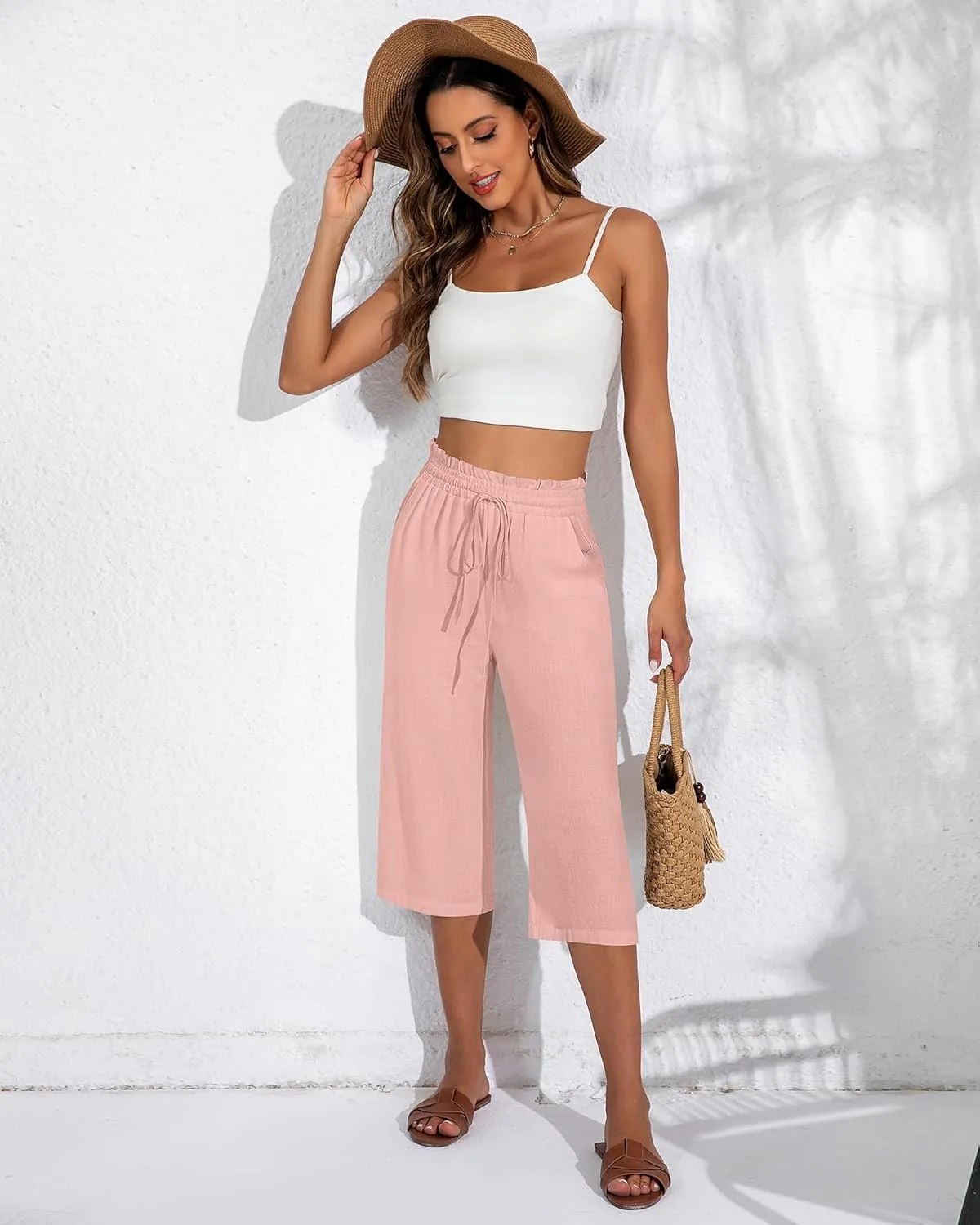 Neer 2 Pcs Women's Linen Wide Leg Capri Pants Beach High Waisted Drawstring Casual Loose Capris Pants with Pockets