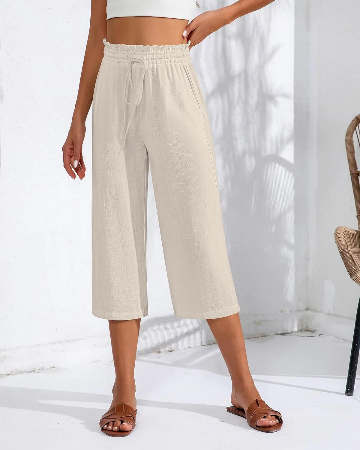 Neer 2 Pcs Women's Linen Wide Leg Capri Pants Beach High Waisted Drawstring Casual Loose Capris Pants with Pockets