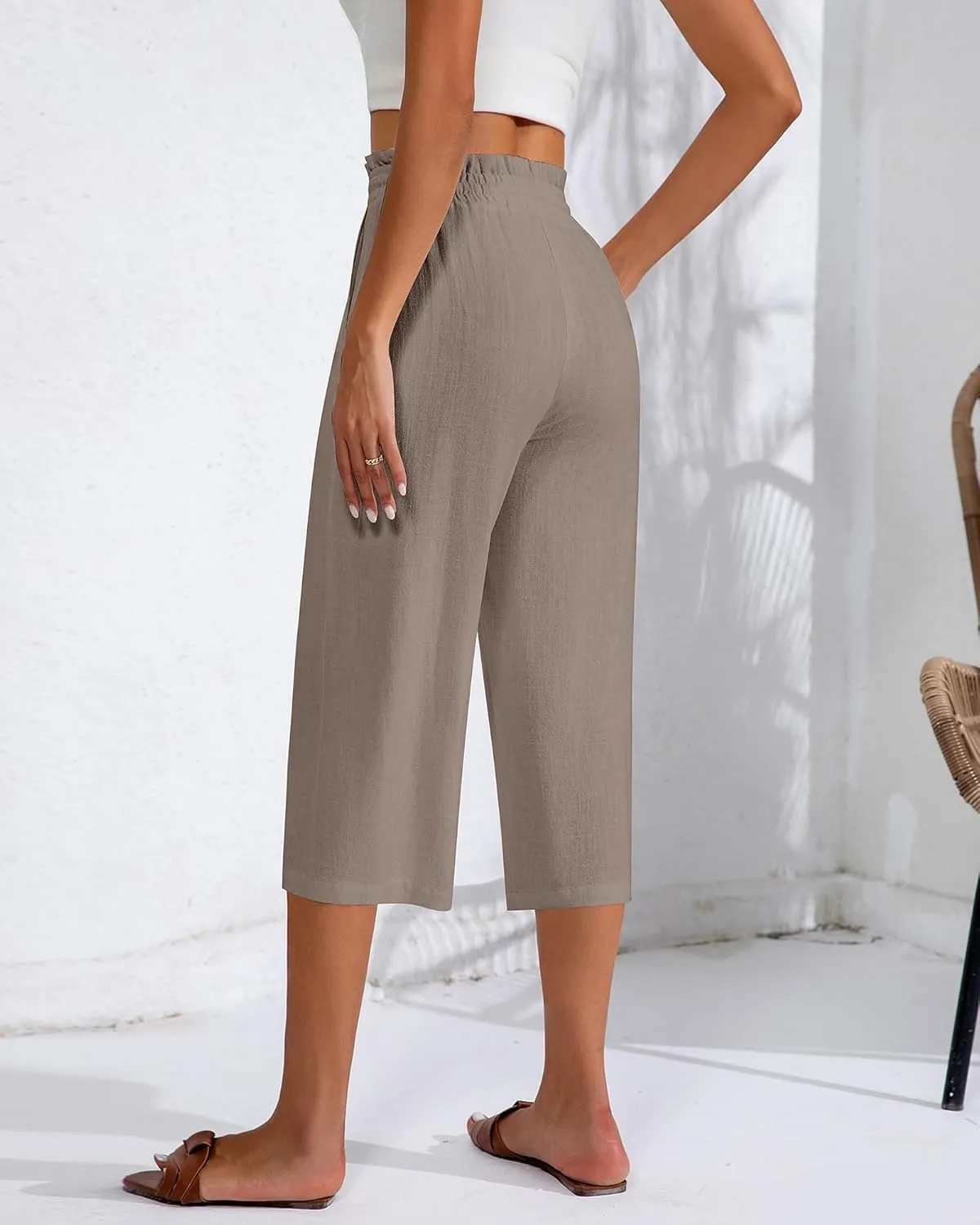 Neer 2 Pcs Women's Linen Wide Leg Capri Pants Beach High Waisted Drawstring Casual Loose Capris Pants with Pockets