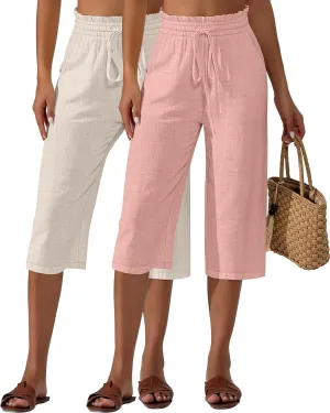 Neer 2 Pcs Women's Linen Wide Leg Capri Pants Beach High Waisted Drawstring Casual Loose Capris Pants with Pockets