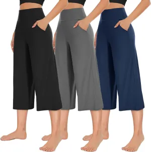NEW YOUNG 3 Pack Women's Wide Leg Pants with Pockets High Waist Loose Sweatpants Casual Lounge Yoga Workout Palazzo