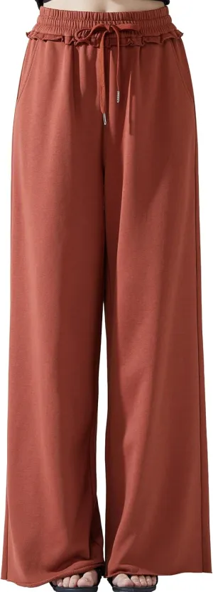 noflik Women's Skin-Friendly Cotton Elastic High Waisted Drawstring Wide Leg Fray Hem Sweatpants