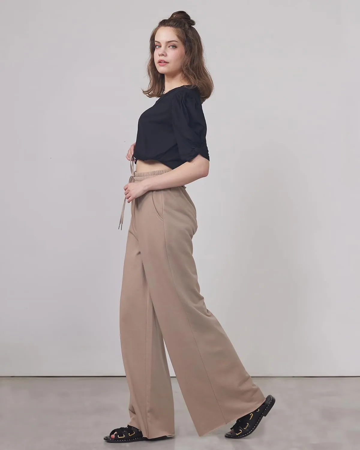 noflik Women's Skin-Friendly Cotton Elastic High Waisted Drawstring Wide Leg Fray Hem Sweatpants