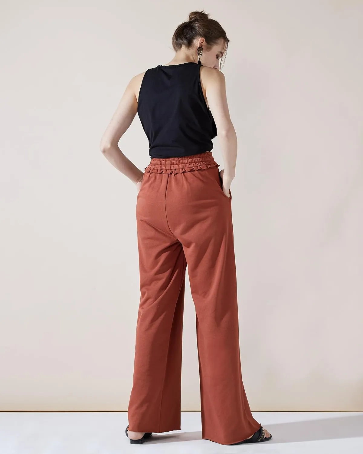 noflik Women's Skin-Friendly Cotton Elastic High Waisted Drawstring Wide Leg Fray Hem Sweatpants