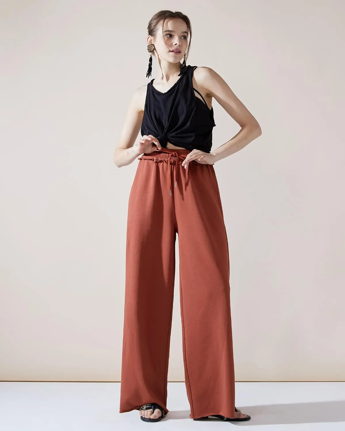 noflik Women's Skin-Friendly Cotton Elastic High Waisted Drawstring Wide Leg Fray Hem Sweatpants