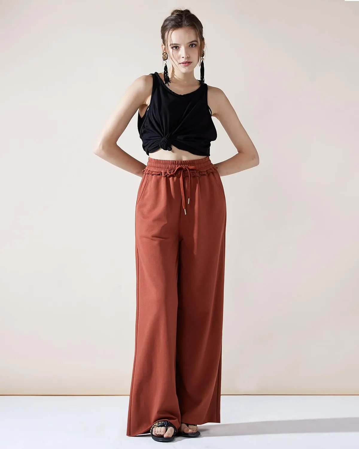 noflik Women's Skin-Friendly Cotton Elastic High Waisted Drawstring Wide Leg Fray Hem Sweatpants