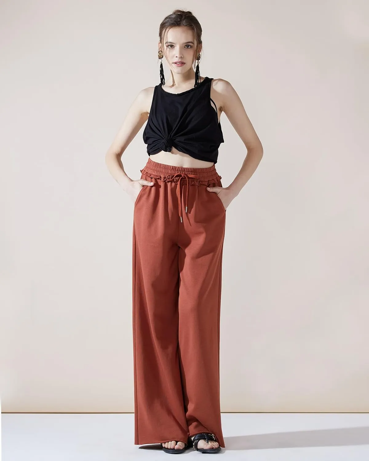noflik Women's Skin-Friendly Cotton Elastic High Waisted Drawstring Wide Leg Fray Hem Sweatpants