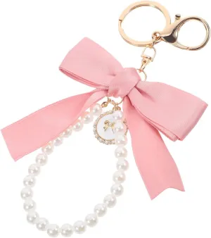 NOLITOY Cute Bow Keychain, Pearl Wristlet Keyring Bowknot Charms Aesthetic Key Ring for Car Bag Purse