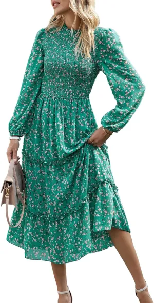 NOLLSOM Women 2025 Spring Dress Floral Boho Dress Casual Long Sleeve Crew Neck Ruffle A-Line Flowy Wedding Guest Maxi Dresses