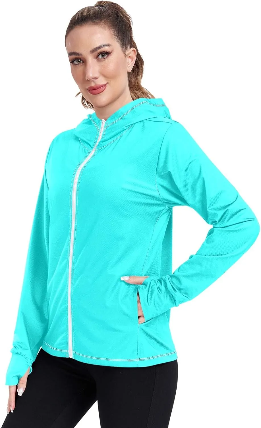 ODAWA Turquoise Womens Sun Protection Shirts Full Zip Front Swimsuit Tops UV Cooling Hoodie Summer Clothing