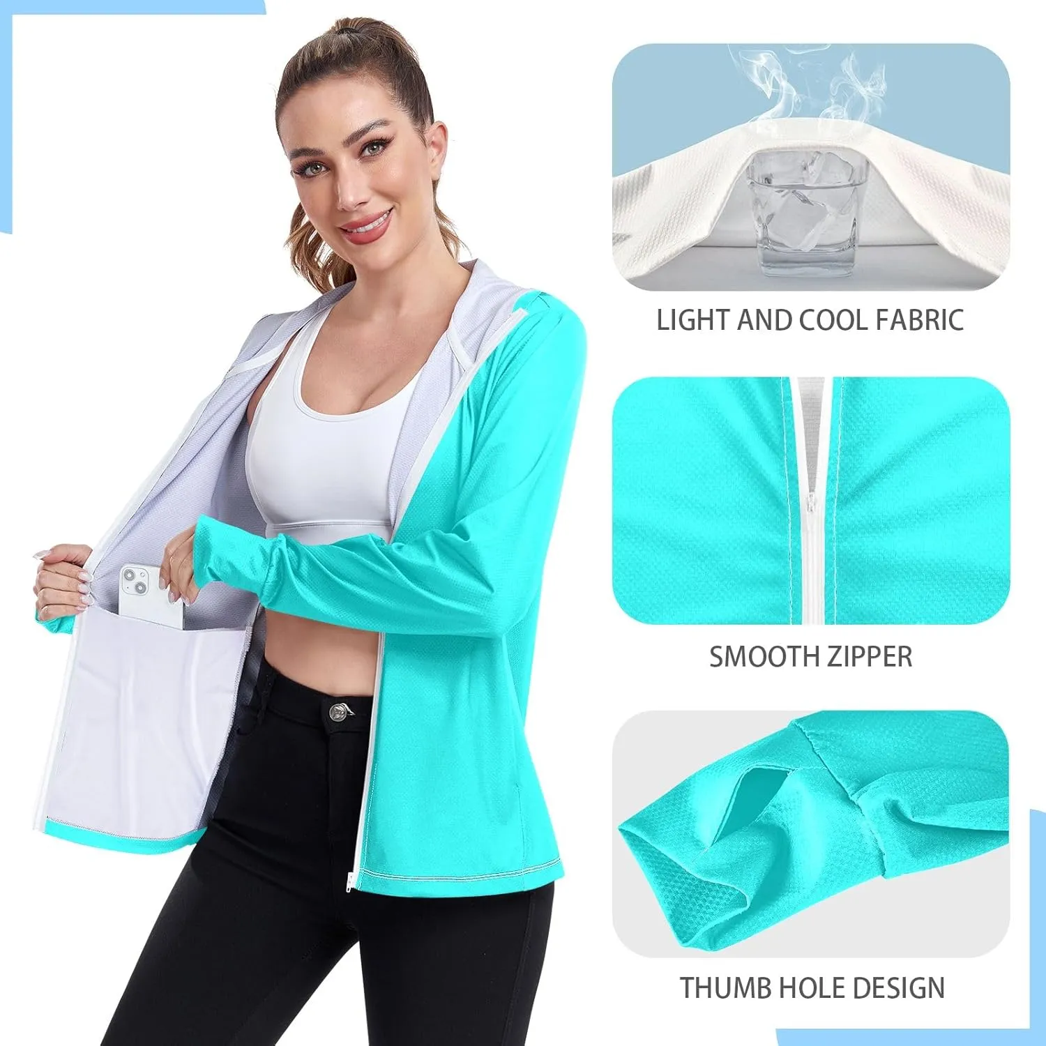 ODAWA Turquoise Womens Sun Protection Shirts Full Zip Front Swimsuit Tops UV Cooling Hoodie Summer Clothing
