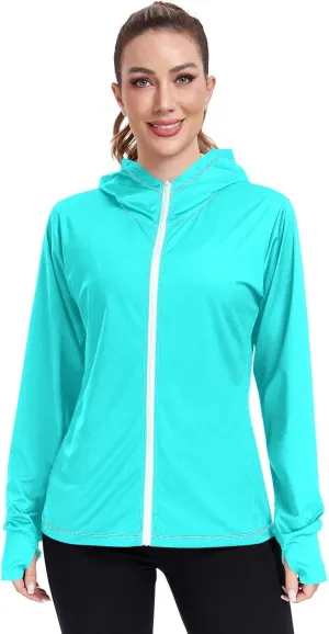 ODAWA Turquoise Womens Sun Protection Shirts Full Zip Front Swimsuit Tops UV Cooling Hoodie Summer Clothing