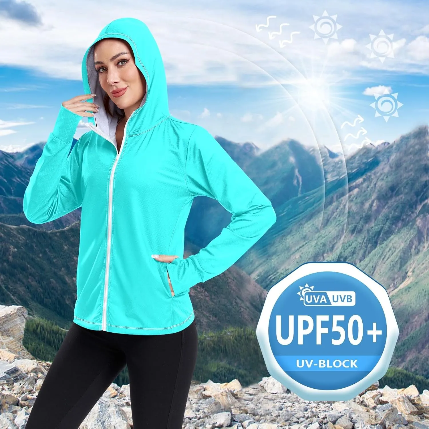 ODAWA Turquoise Womens Sun Protection Shirts Full Zip Front Swimsuit Tops UV Cooling Hoodie Summer Clothing