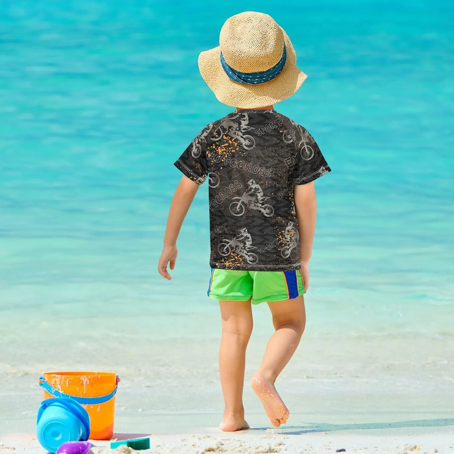 Ollabaky Short Sleeve Boys Rash Guard Swim Shirts Quick Dry Swimwear UPF 50  Toddler Kids Water Shirt