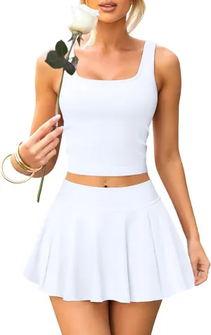 OQQ Women's 2 Piece Mini Skirt Sets Casual Summer Knit Cropped Tank Top with Sport Bra High Waisted Mini Skirts Outfit