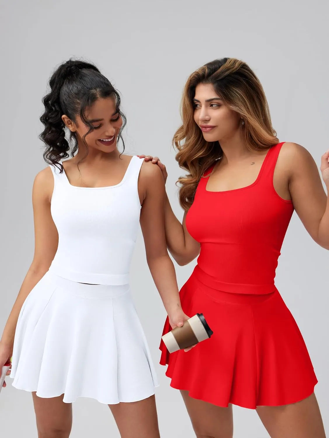 OQQ Women's 2 Piece Mini Skirt Sets Casual Summer Knit Cropped Tank Top with Sport Bra High Waisted Mini Skirts Outfit
