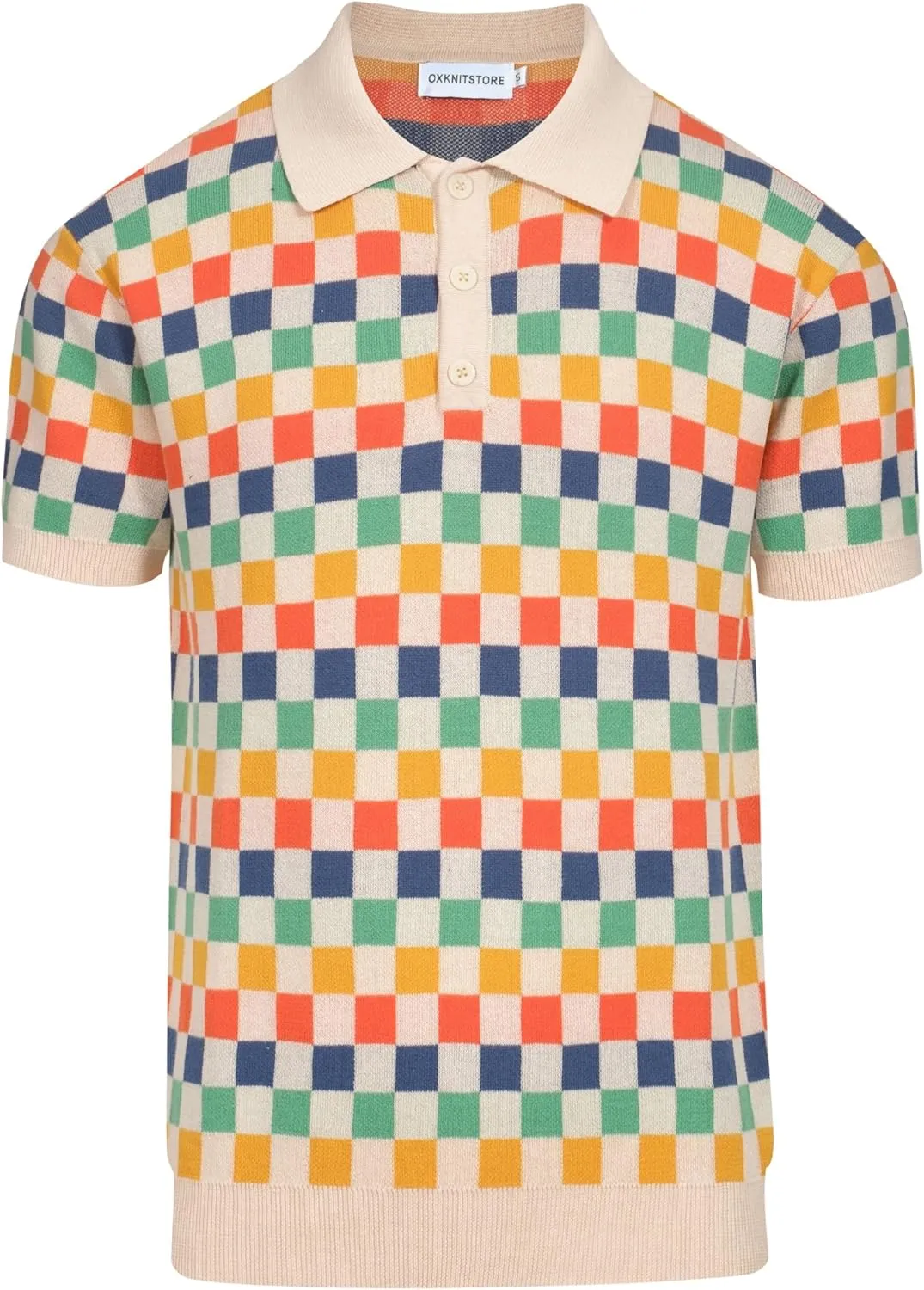 OXKNIT Mens Knitted Retro Polo Shirts Color Plaid Casual Short Sleeve Summer Shirt