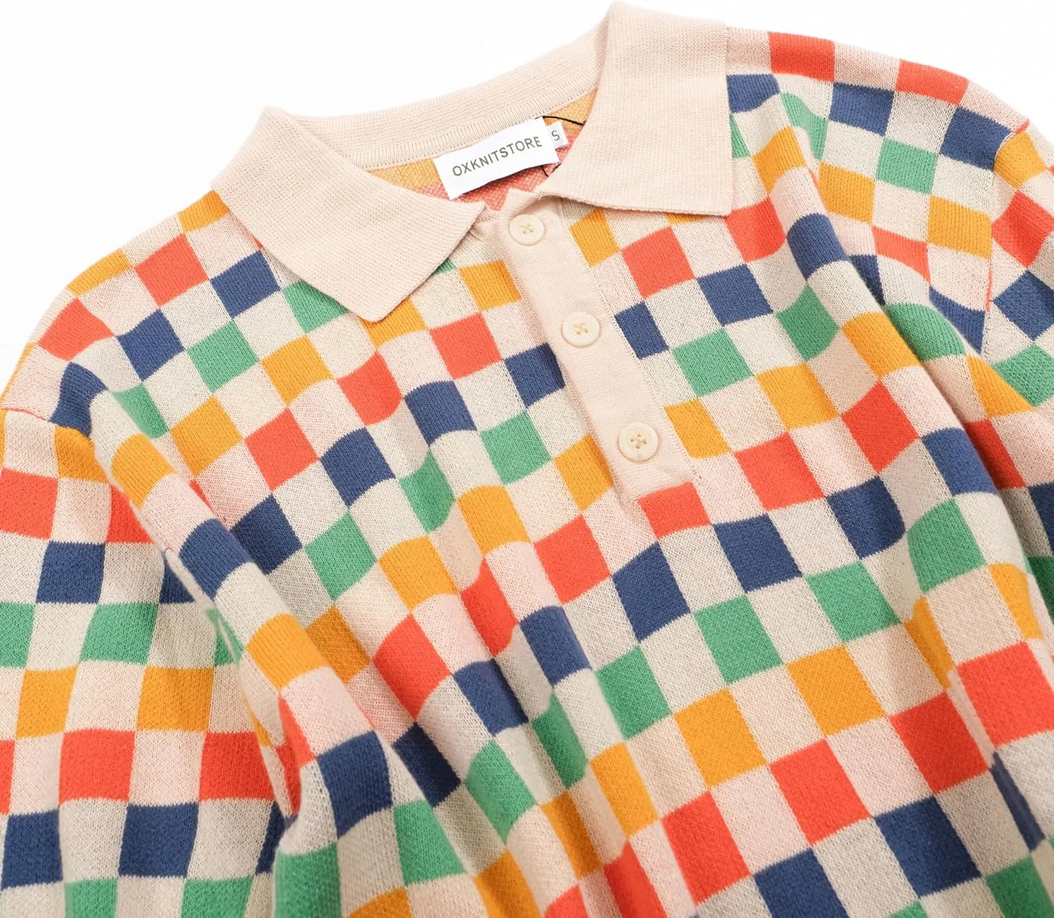 OXKNIT Mens Knitted Retro Polo Shirts Color Plaid Casual Short Sleeve Summer Shirt