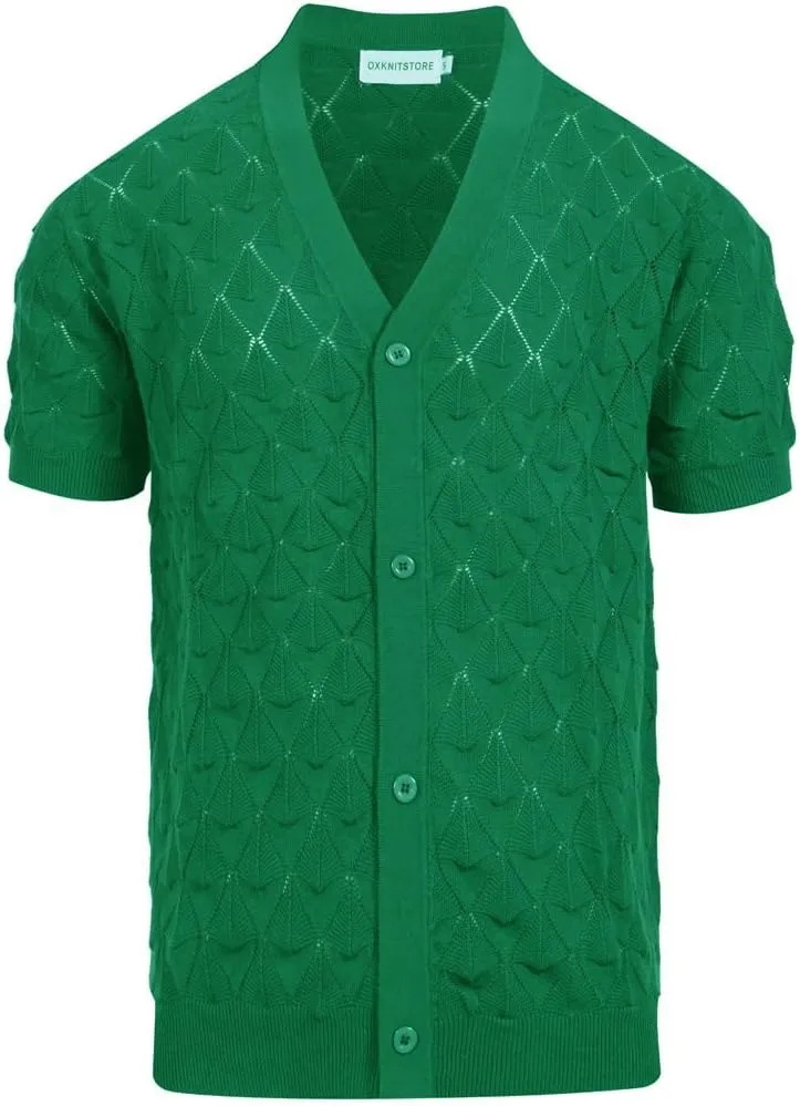 OXKNIT Men's Knitted Vintage Polo Shirt V Neck Button Down Shirts Short Sleeve Dark Green Summer Shirt