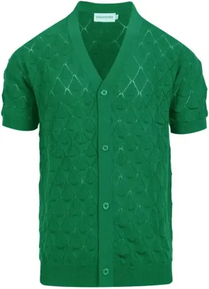 OXKNIT Men's Knitted Vintage Polo Shirt V Neck Button Down Shirts Short Sleeve Dark Green Summer Shirt