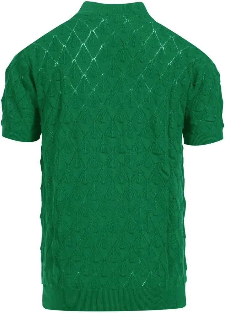 OXKNIT Men's Knitted Vintage Polo Shirt V Neck Button Down Shirts Short Sleeve Dark Green Summer Shirt