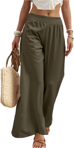 Palazzo Cotton Linen Pants Women Casual Summer Smocked Elastic High Waisted Wide Leg Pants Loose Vacation Beach Pant