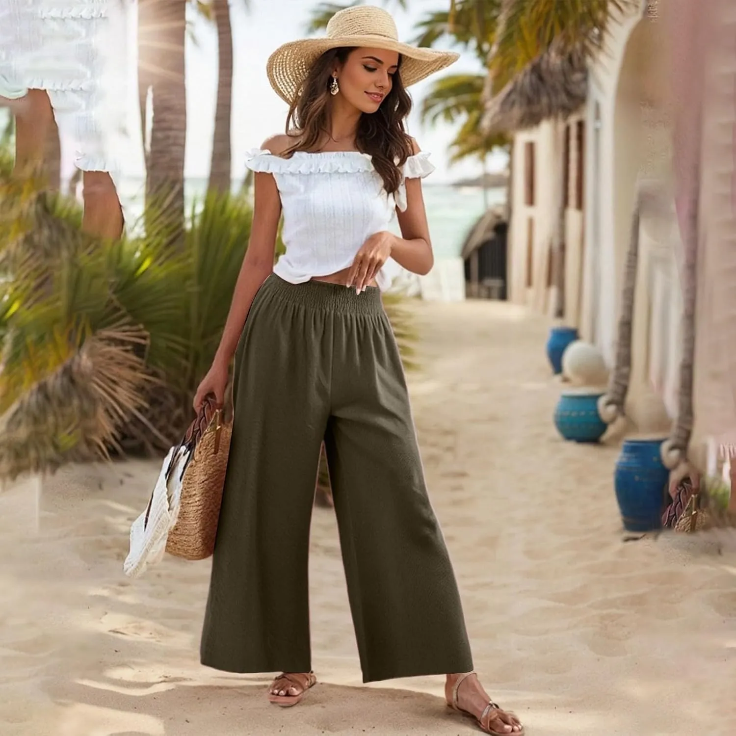 Palazzo Cotton Linen Pants Women Casual Summer Smocked Elastic High Waisted Wide Leg Pants Loose Vacation Beach Pant