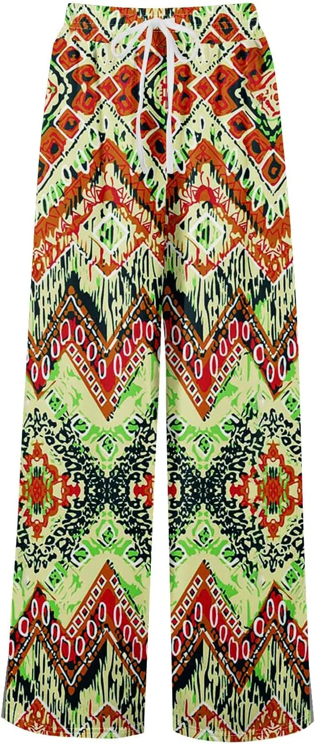 Palazzo Pants for Women Casual Boho Wide Leg Elastic High Waist Adjustable Knot Flowy Pants with Pockets