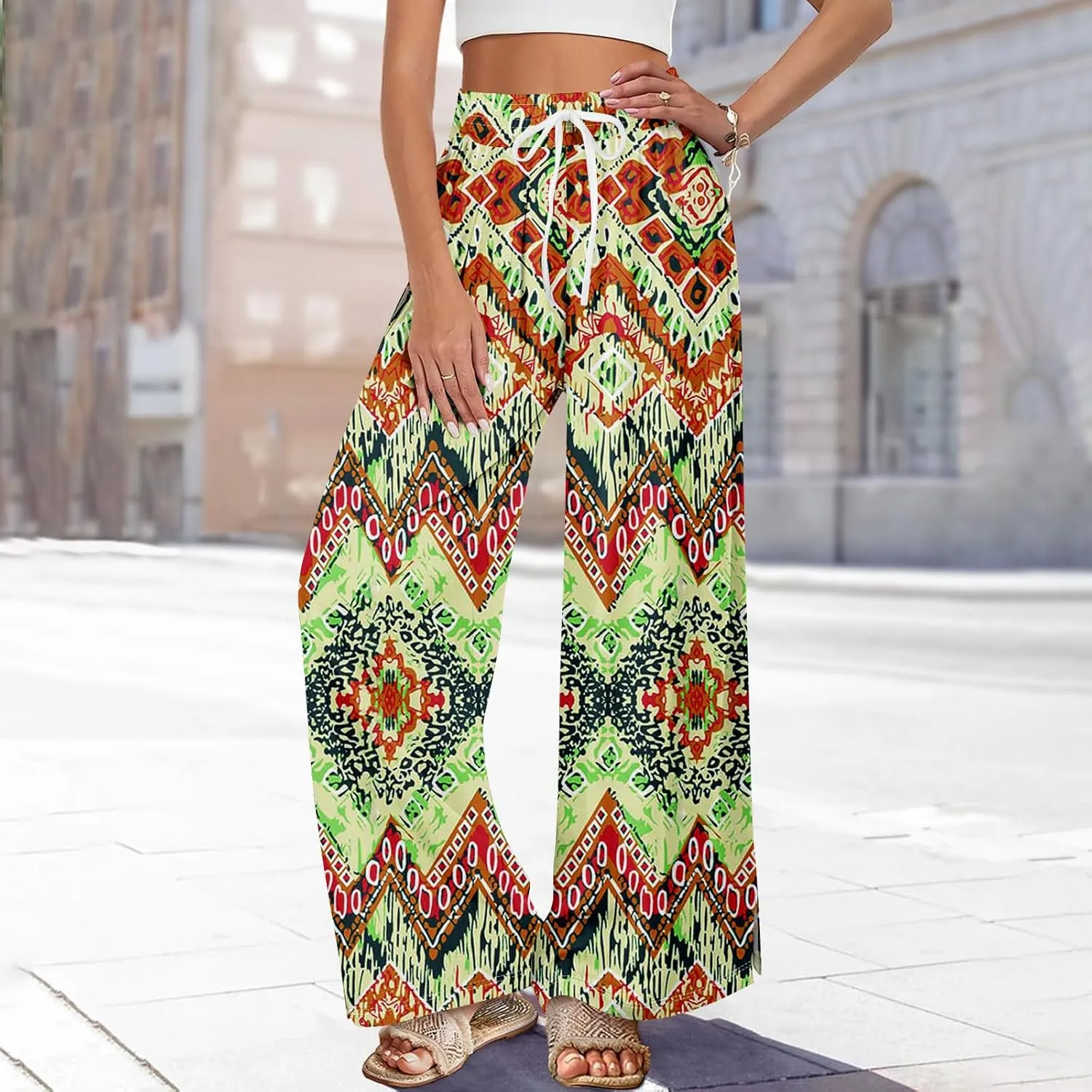 Palazzo Pants for Women Casual Boho Wide Leg Elastic High Waist Adjustable Knot Flowy Pants with Pockets