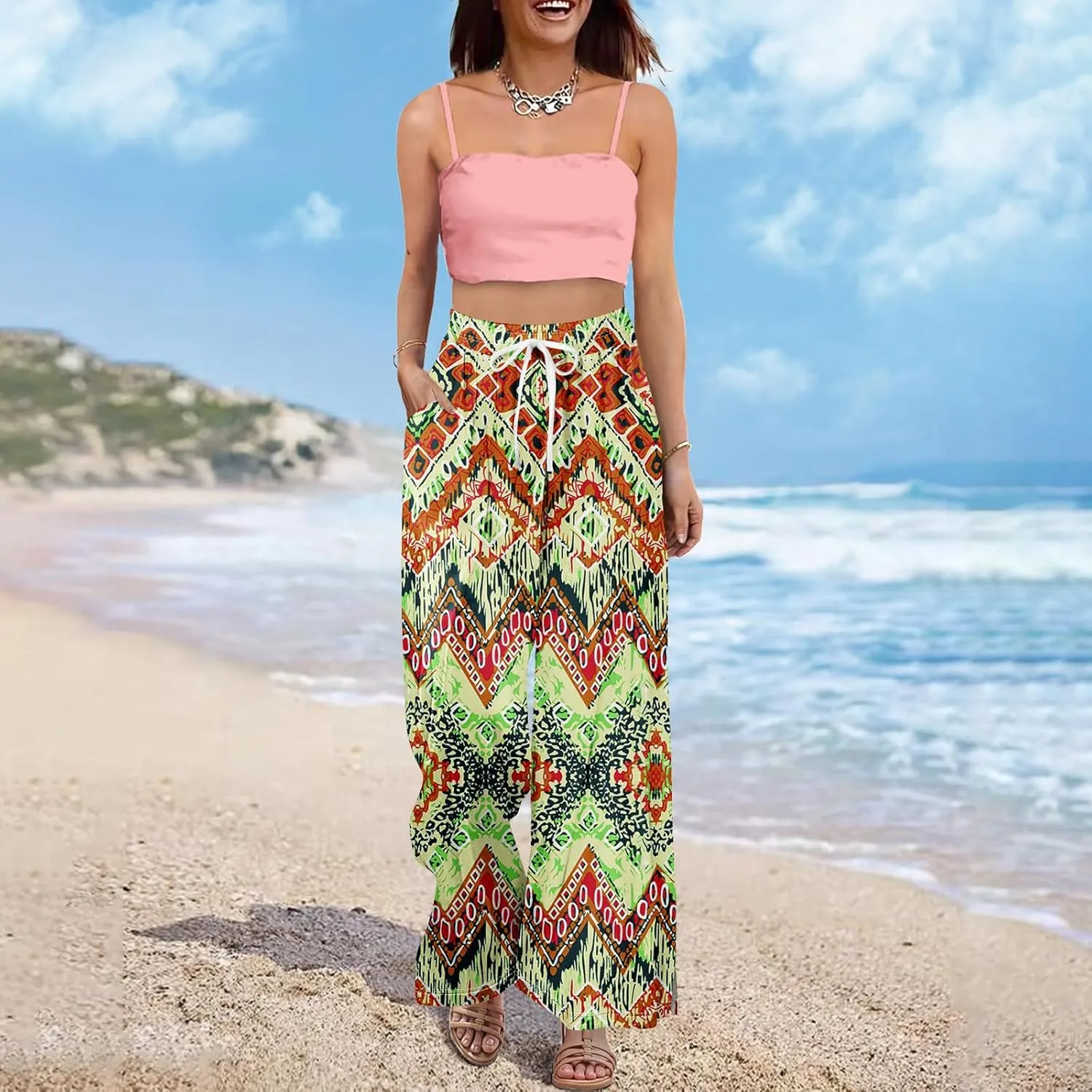 Palazzo Pants for Women Casual Boho Wide Leg Elastic High Waist Adjustable Knot Flowy Pants with Pockets