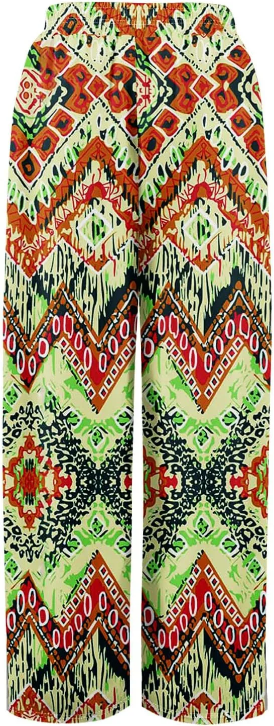 Palazzo Pants for Women Casual Boho Wide Leg Elastic High Waist Adjustable Knot Flowy Pants with Pockets