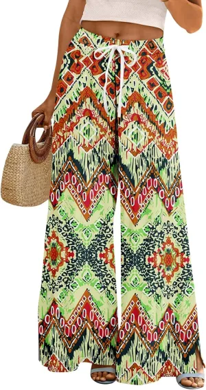 Palazzo Pants for Women Casual Boho Wide Leg Elastic High Waist Adjustable Knot Flowy Pants with Pockets