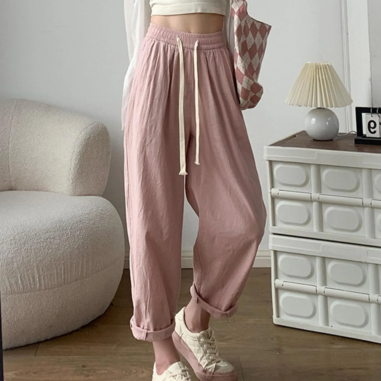 Palazzo Pants for Women Summer Cotton Linen Pants Flowy High Waisted Pant Wide Leg Elastic High Waisted Lounge Trouser