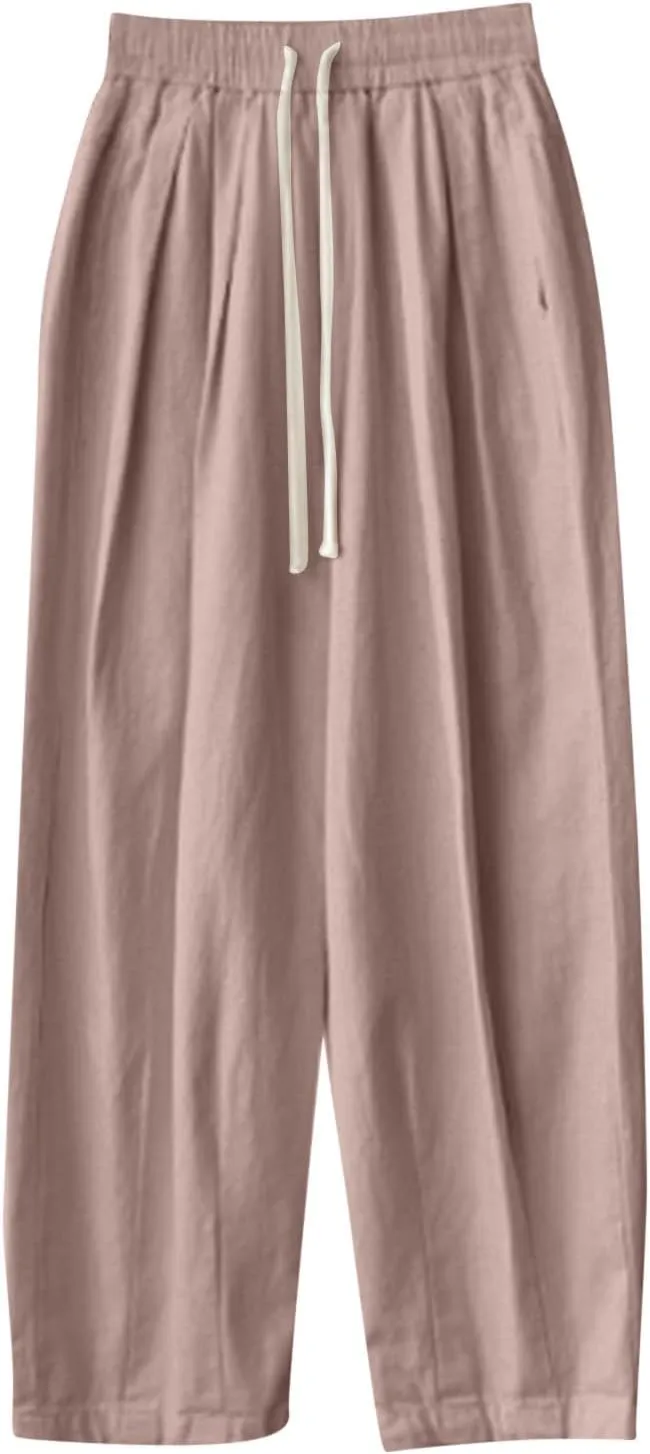 Palazzo Pants for Women Summer Cotton Linen Pants Flowy High Waisted Pant Wide Leg Elastic High Waisted Lounge Trouser
