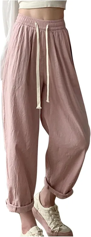 Palazzo Pants for Women Summer Cotton Linen Pants Flowy High Waisted Pant Wide Leg Elastic High Waisted Lounge Trouser