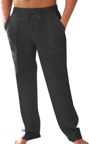 PASLTER Men's Cotton Linen Pants Elastic Waist Drawstring Casual Trouser Lightweight Straight-Legs Loose Beach Yoga Pants