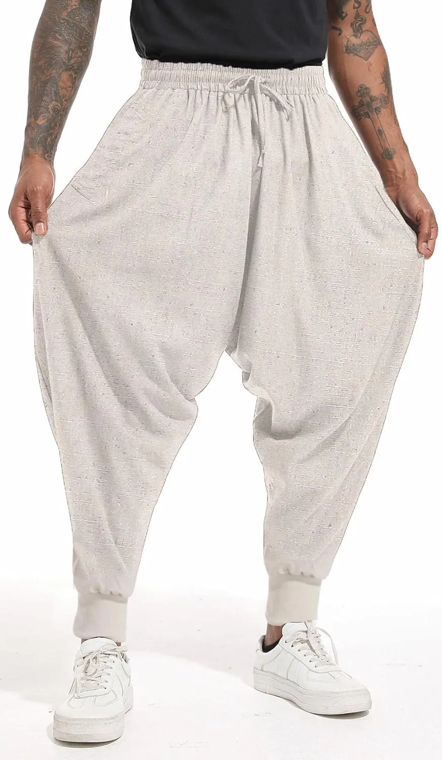 perdontoo Mens Harem Pants Casual Drawstring Aladdin Hippie Cotton Drop Crotch Trouser