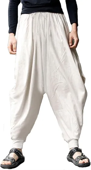 perdontoo Mens Harem Pants Casual Drawstring Aladdin Hippie Cotton Drop Crotch Trouser