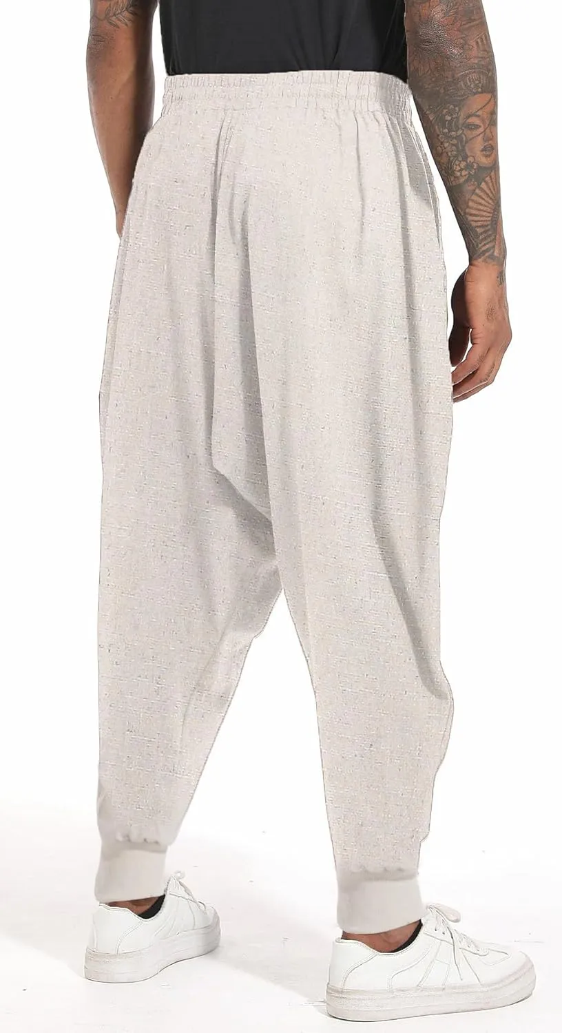 perdontoo Mens Harem Pants Casual Drawstring Aladdin Hippie Cotton Drop Crotch Trouser