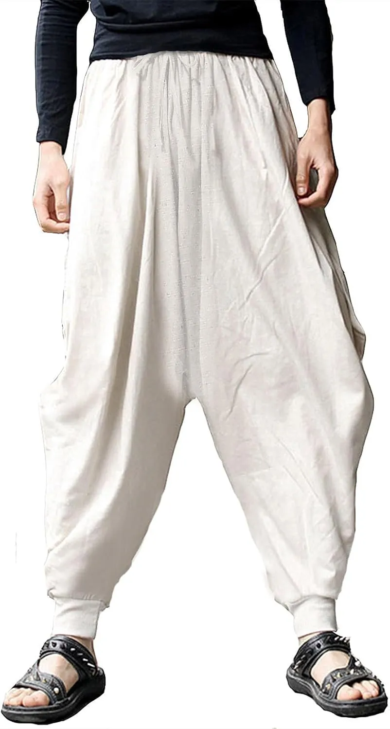 perdontoo Mens Harem Pants Casual Drawstring Aladdin Hippie Cotton Drop Crotch Trouser