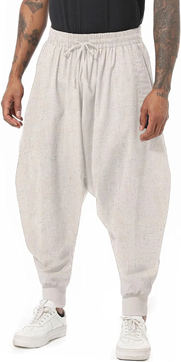 perdontoo Mens Harem Pants Casual Drawstring Aladdin Hippie Cotton Drop Crotch Trouser