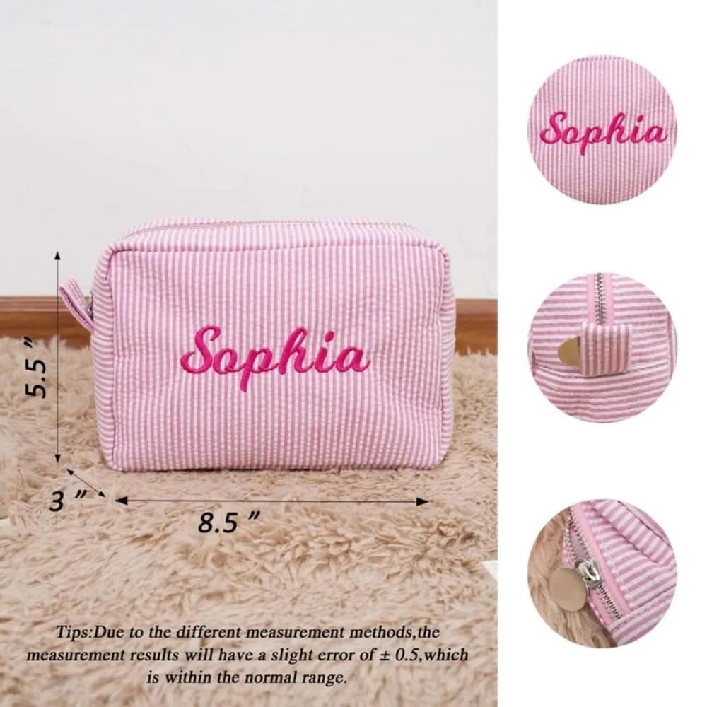 Personalized Seersucker Cosmetic Bag, Monogrammed Toiletry Bag, Embroidered Make Up Bag,Bridal Gift, Bridesmaid Proposal Gift, Bridesmaid Makeup Bag, Cosmetic Pouch (Blue)